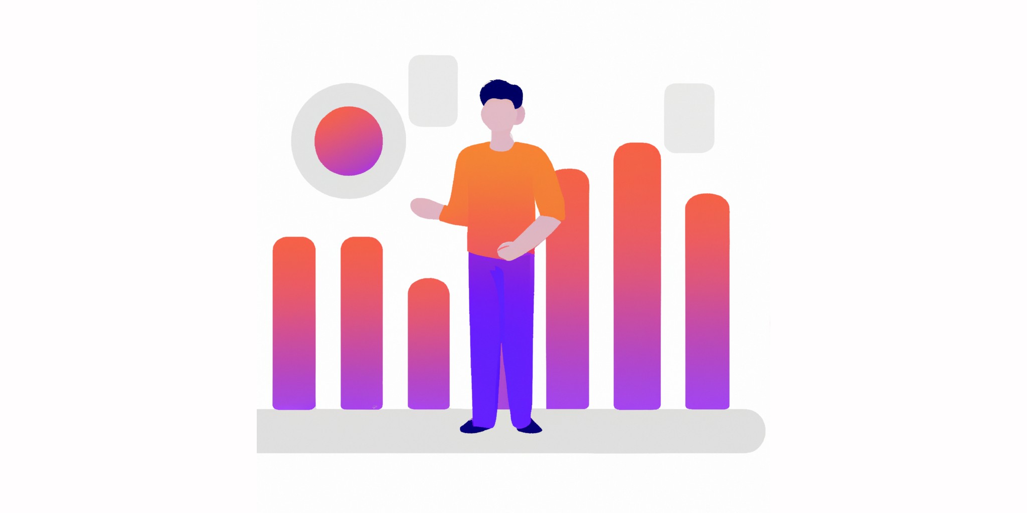 a graph with a person in front in flat illustration style with gradients and white background