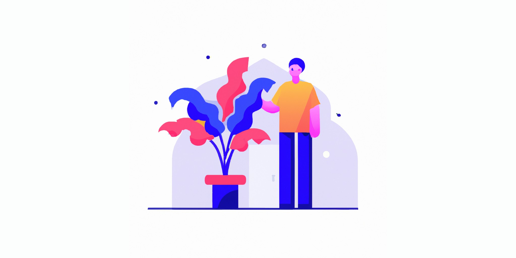 a house plant with a person in front in flat illustration style with gradients and white background