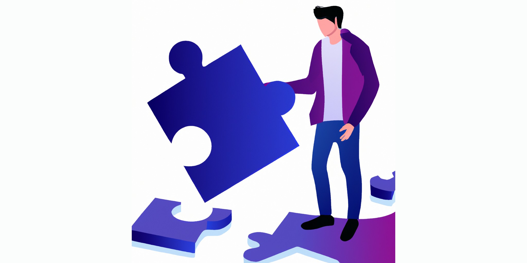 a jigsaw with a person in front in flat illustration style with gradients and white background