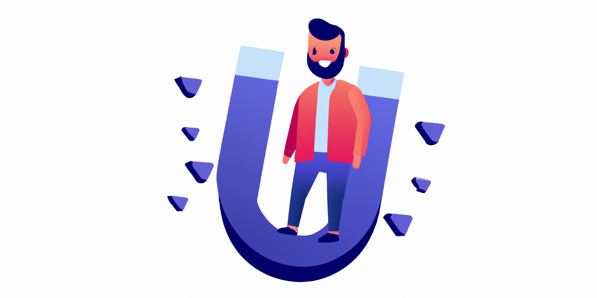 a magnet with a person in front in flat illustration style with gradients and white background