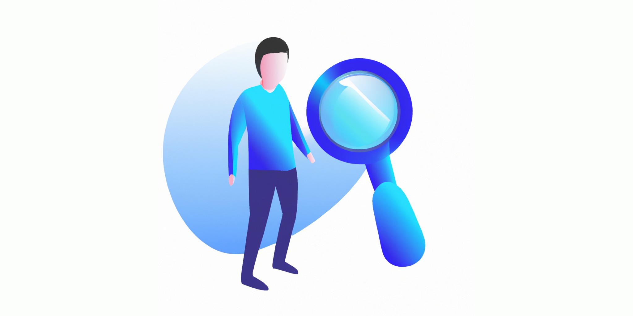 a magnify with a person in front in flat illustration style with gradients and white background