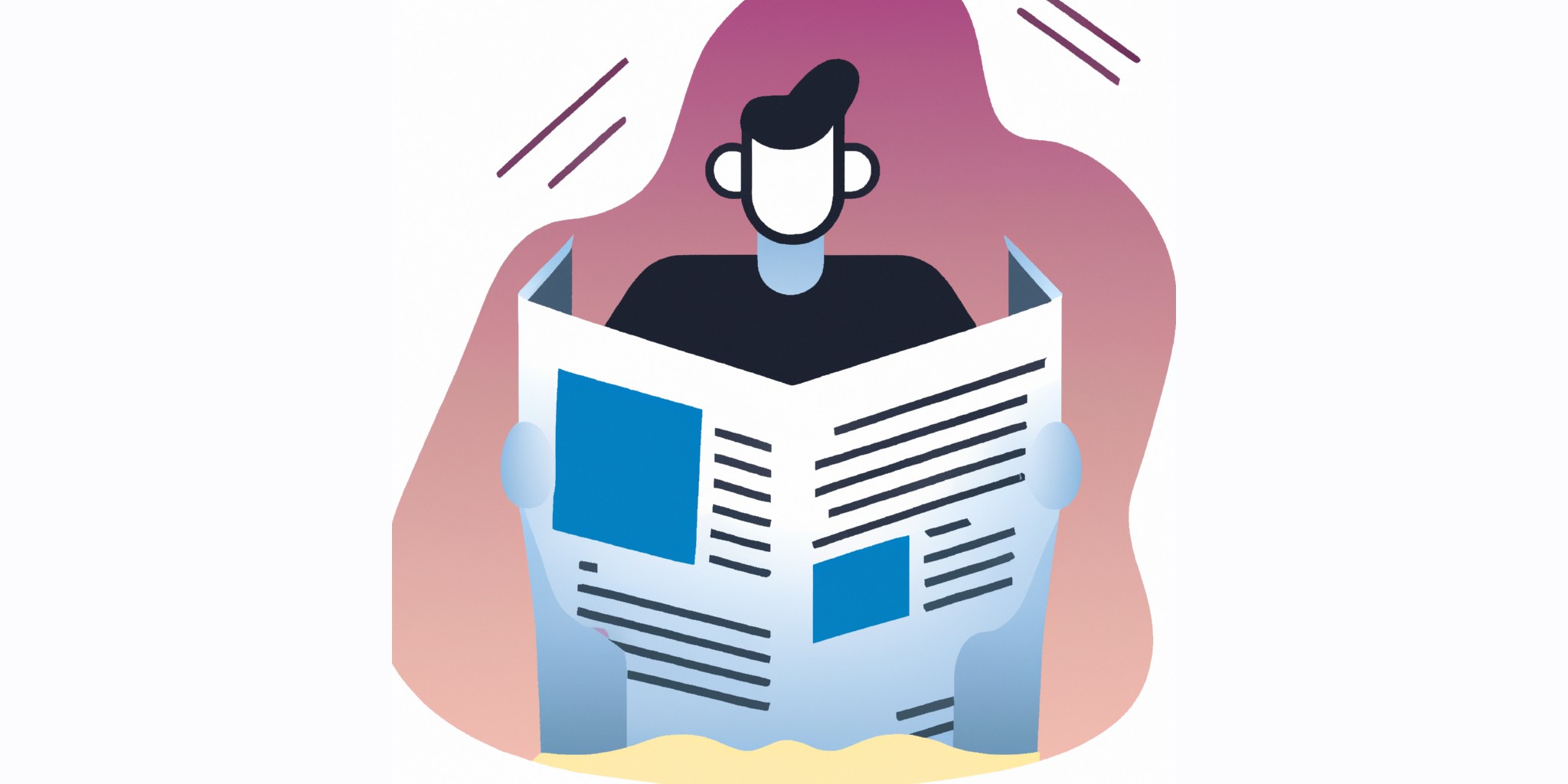 a newspaper with a person in front in flat illustration style with gradients and white background
