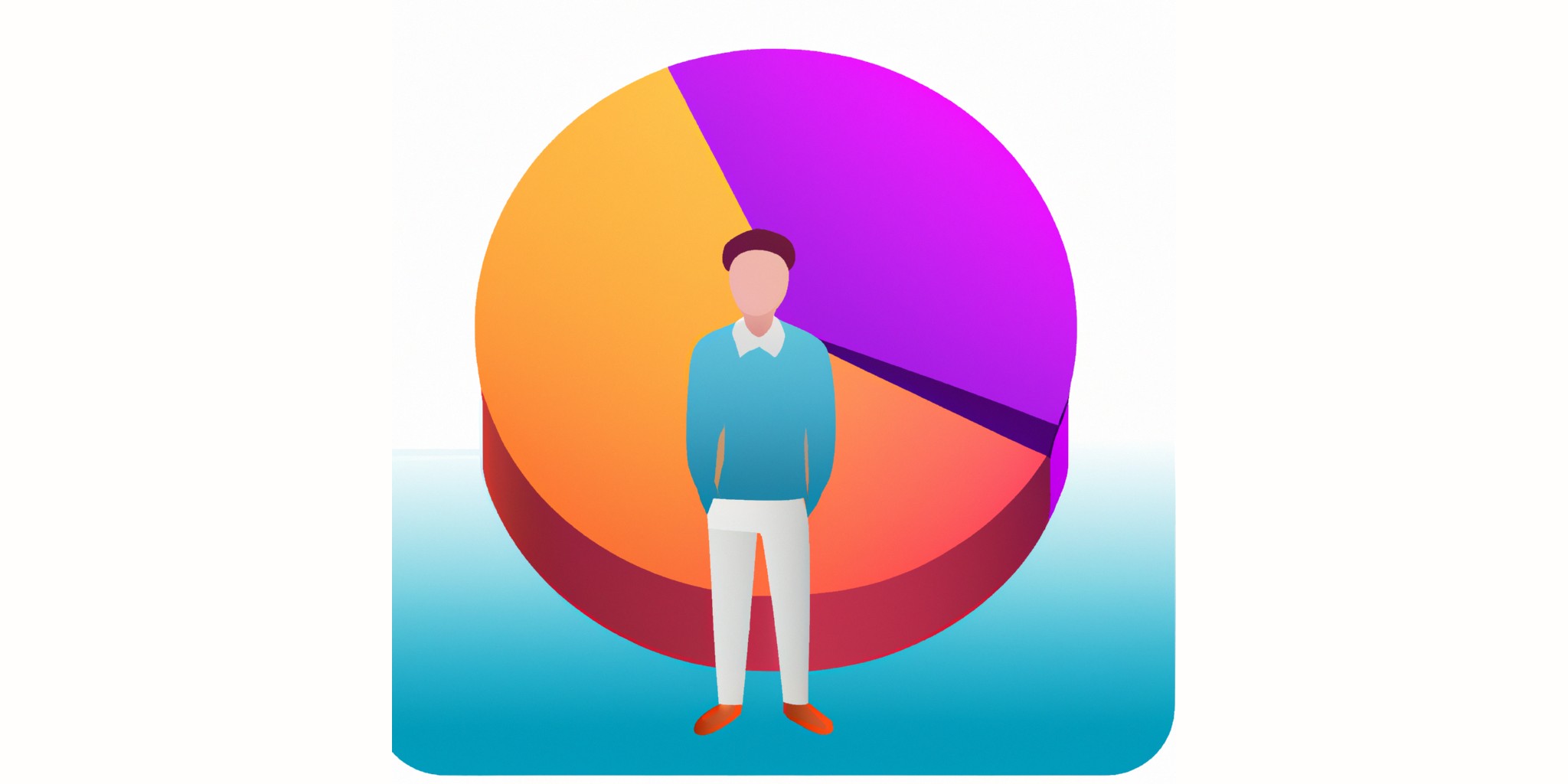 a pie or pie graph with a person in front in flat illustration style with gradients and white background