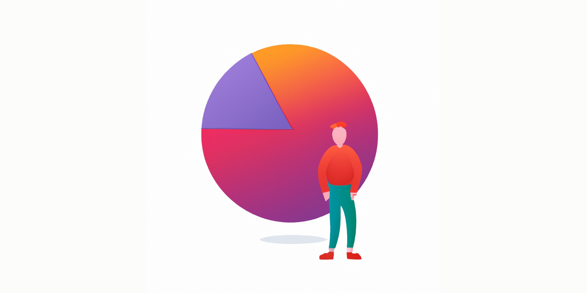 a pie or pie graph with a person in front in flat illustration style with gradients and white background