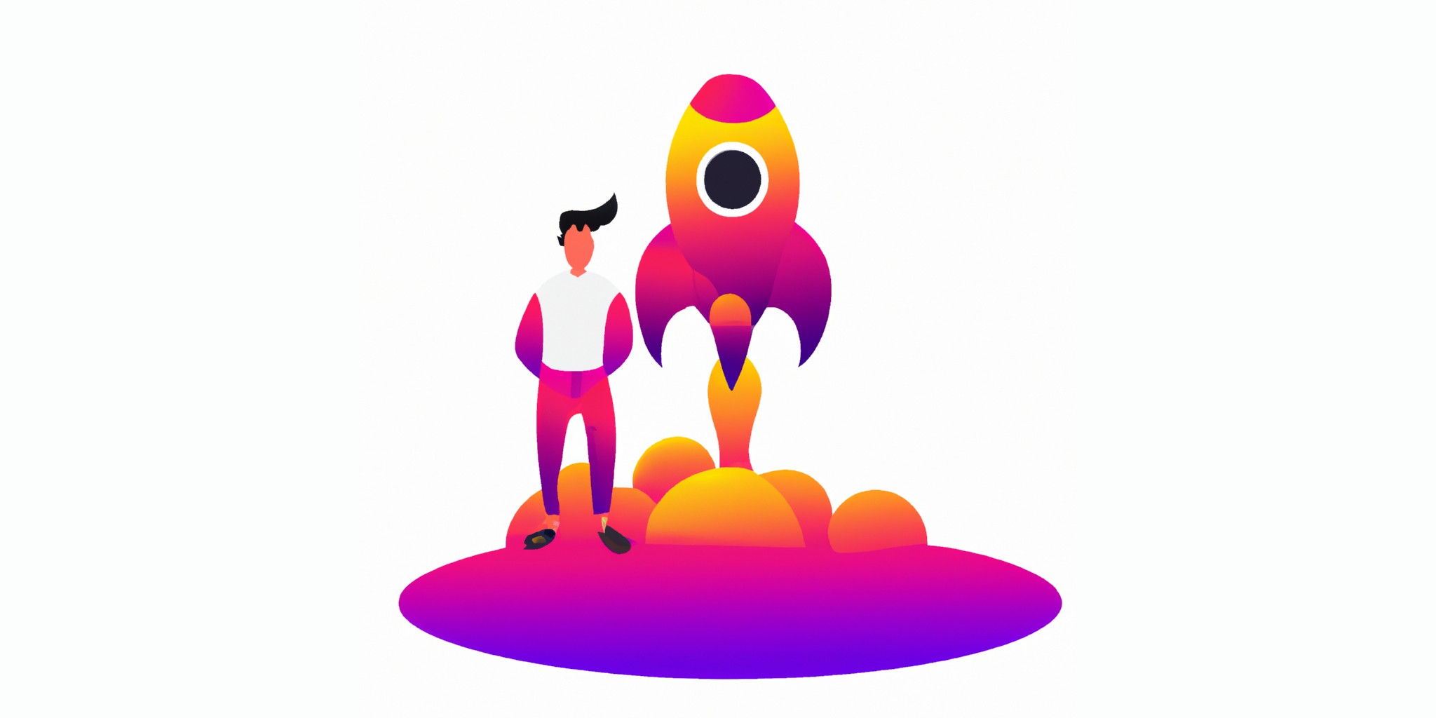 a rocket with a person in front in flat illustration style with gradients and white background
