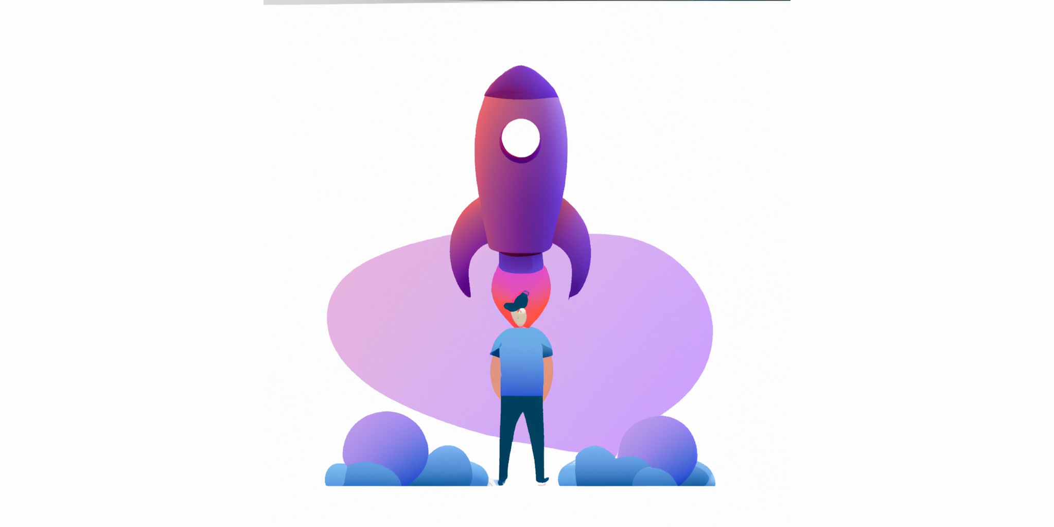 a rocket with a person in front in flat illustration style with gradients and white background