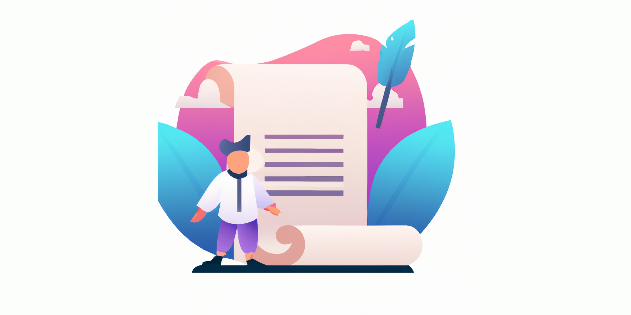 a scroll and quill with a person in front in flat illustration style with gradients and white background