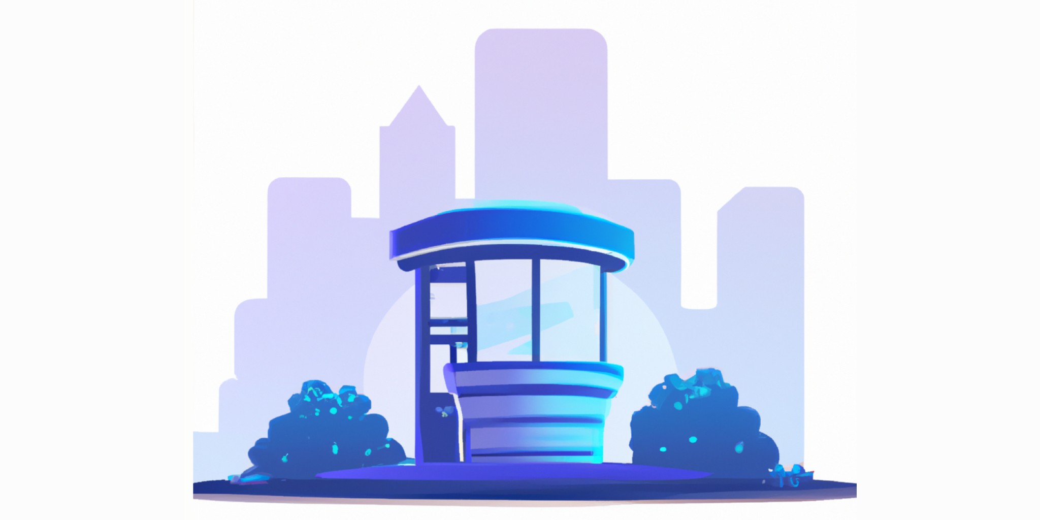 a skyscraper and a kiosk in flat illustration style with gradients and white background
