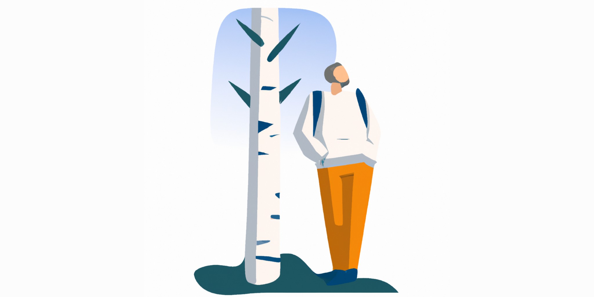 birch tree with person next to it in flat illustration style with gradients and white background