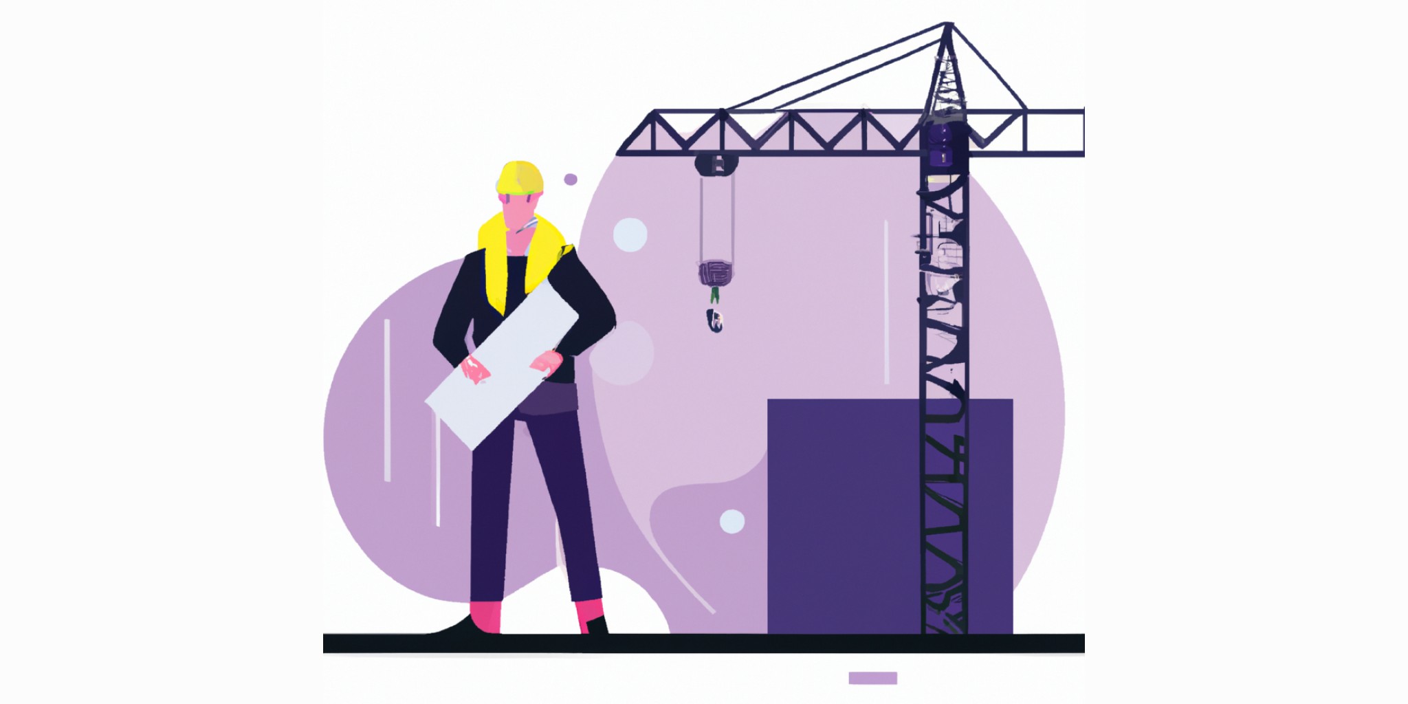 builder with a helmet and crane in flat illustration style with gradients and white background