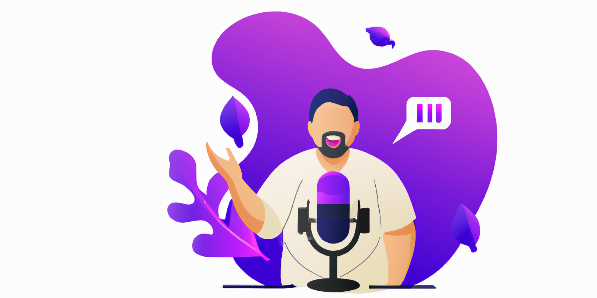 podcast with a person next to it in flat illustration style with gradients and white background