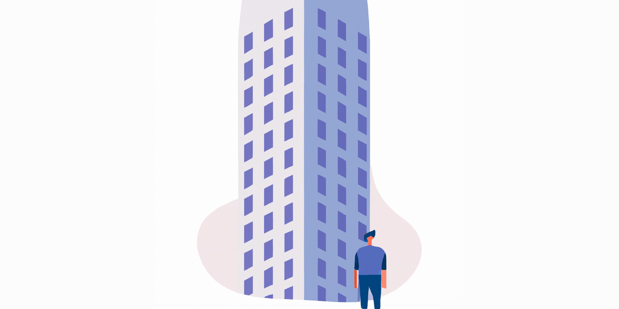 skyscraper with a person in front in flat illustration style with gradients and white background