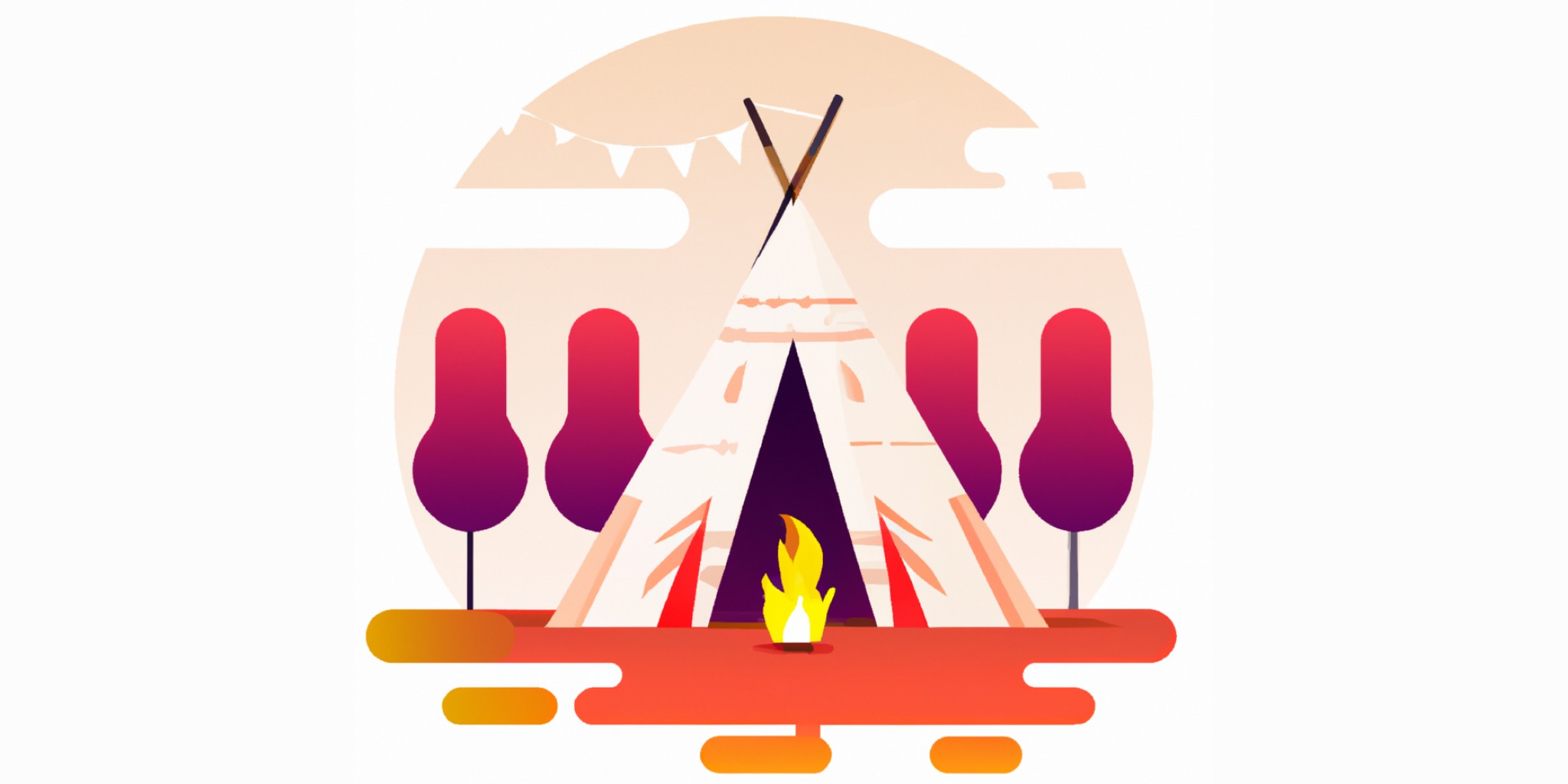 teepee village with a bonfire in the middle in flat illustration style with gradients and white background