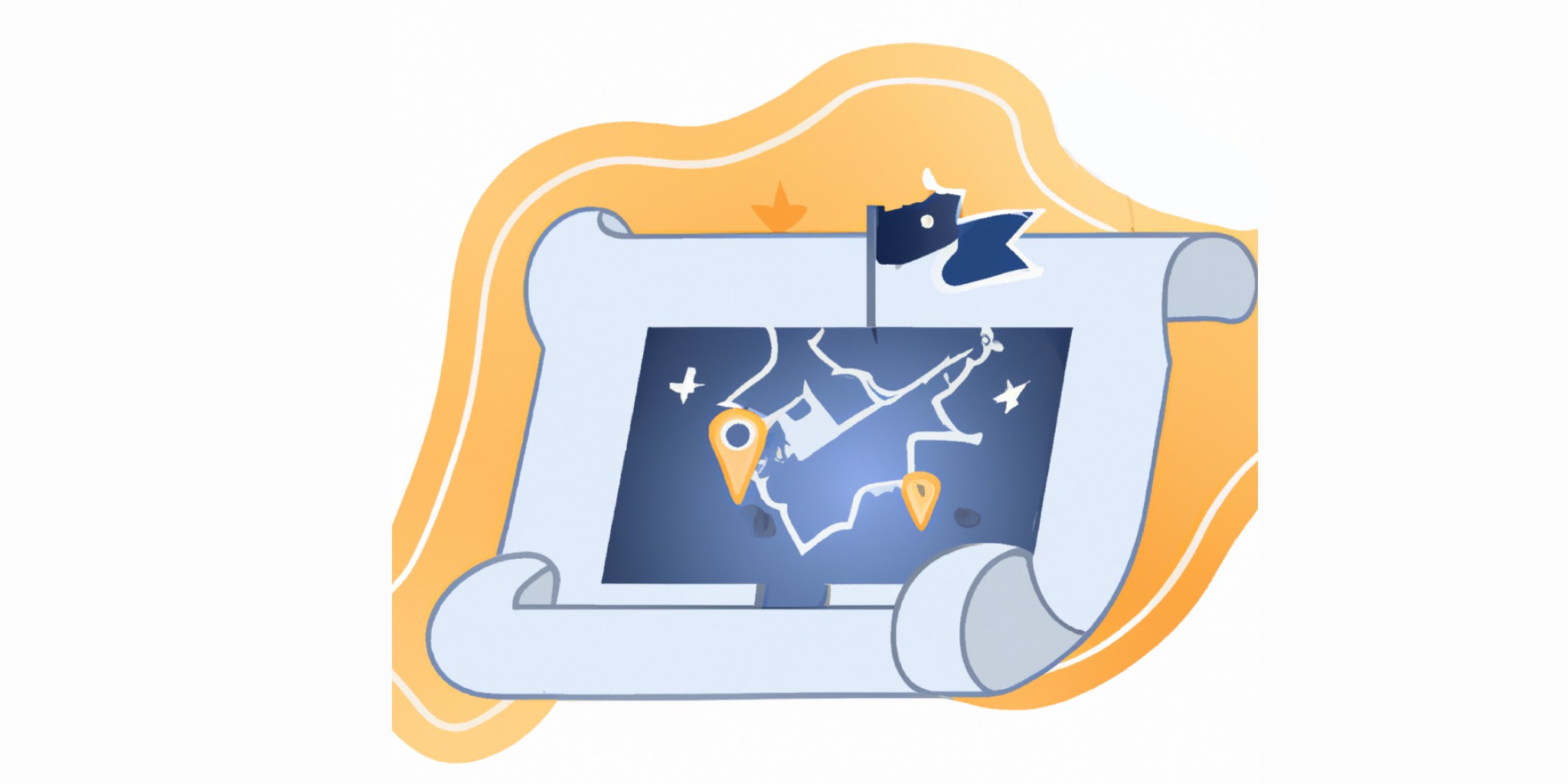 treasure map inside a computer screen in flat illustration style with gradients and white background