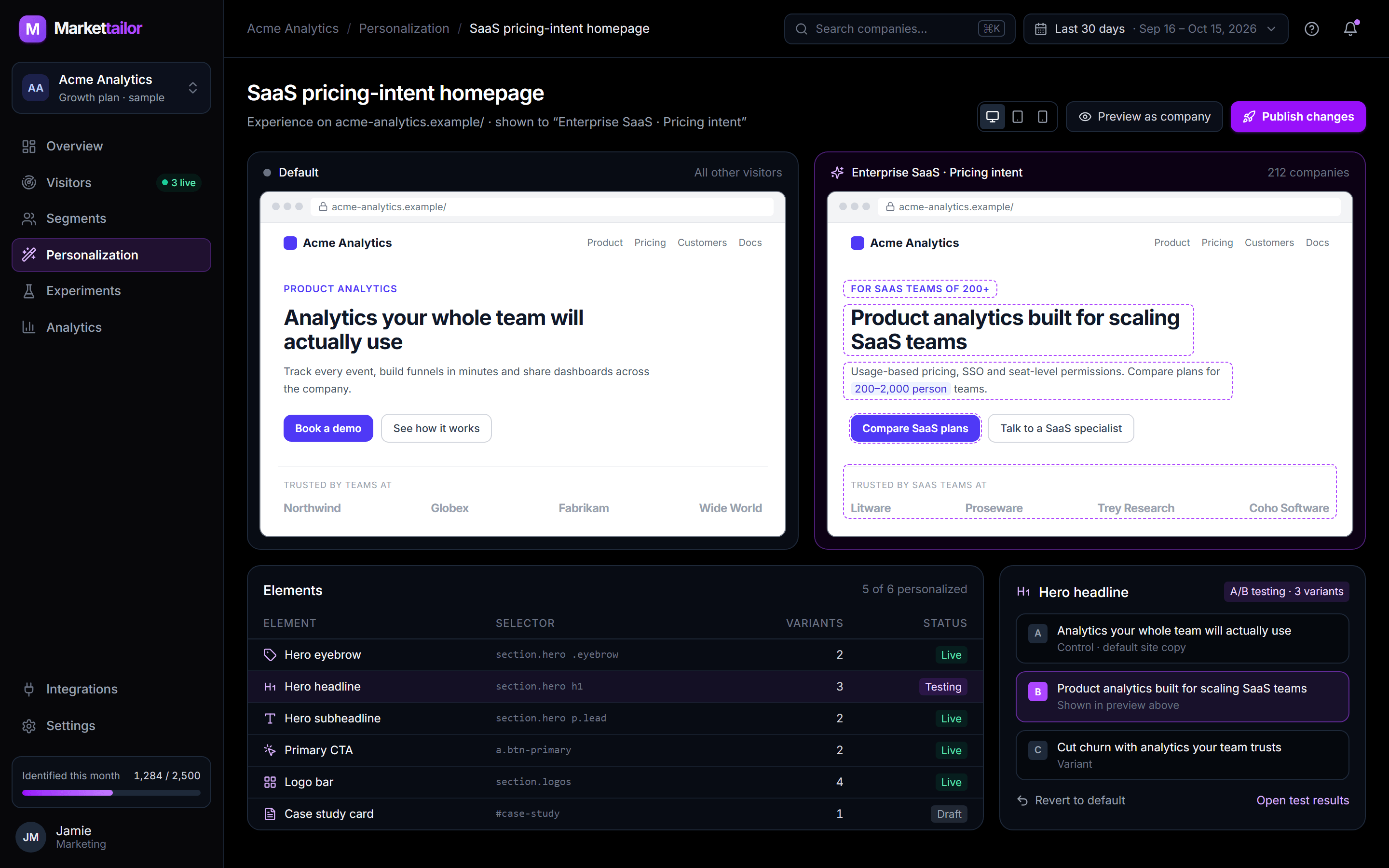 Markettailor personalization editor comparing the default homepage with a personalized version for an Enterprise SaaS segment, with the list of personalized page elements