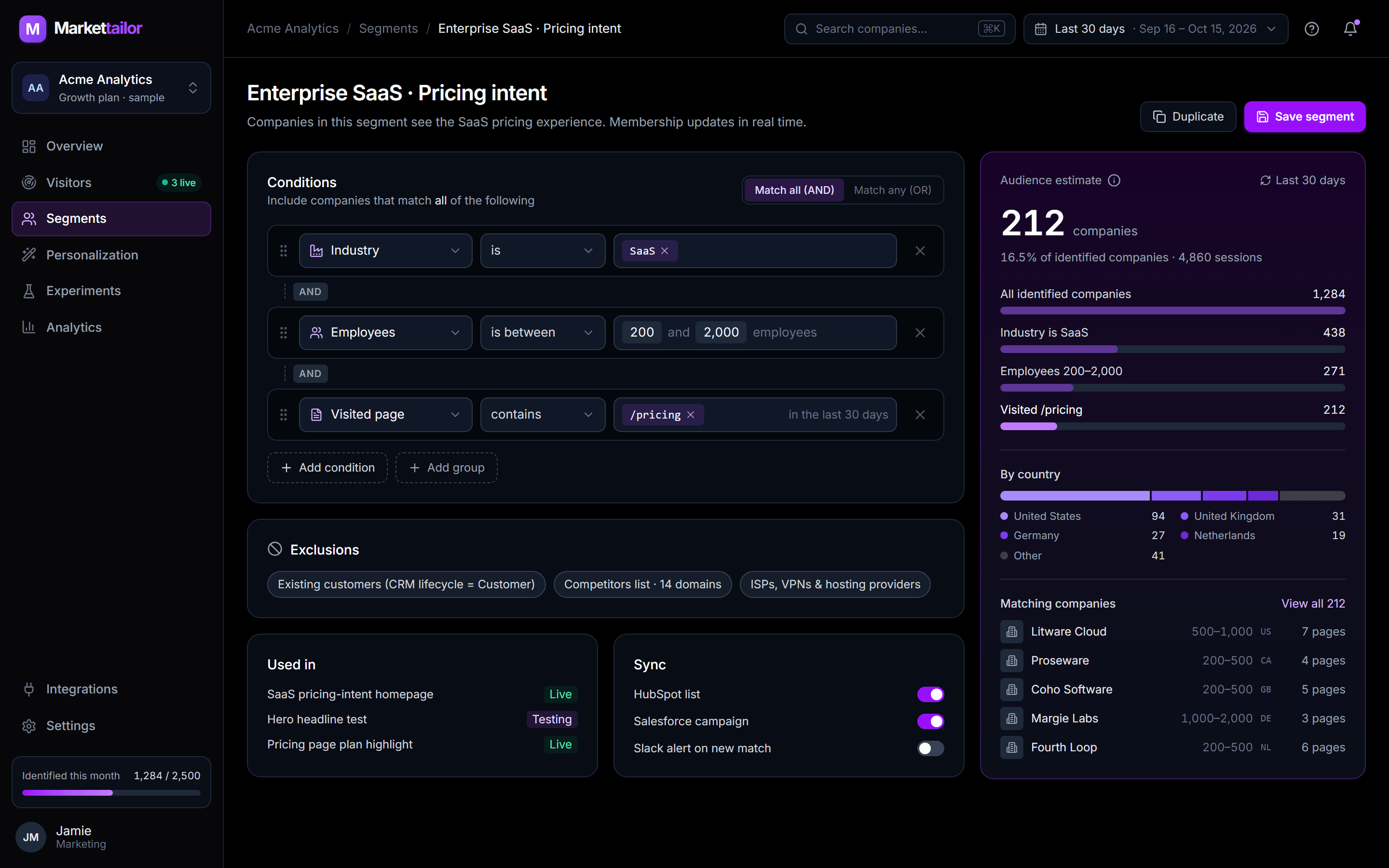 Markettailor segment builder with industry, employee range and visited-page conditions, exclusions and a live audience estimate of matching companies